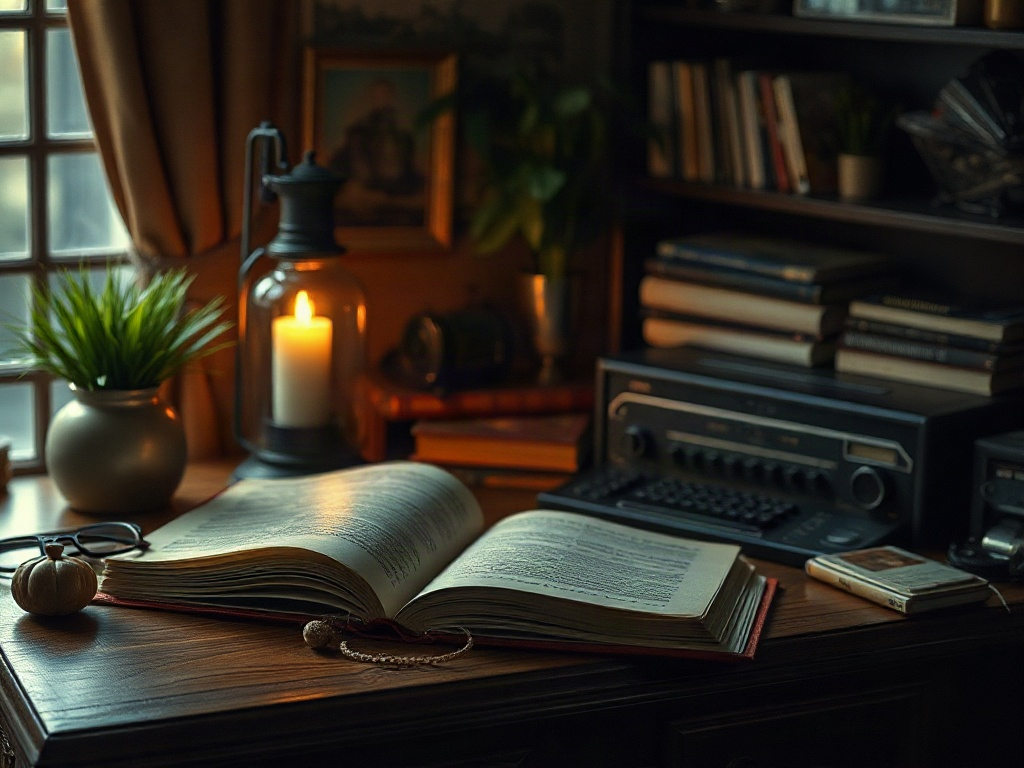 На столе открытая книга, свеча, растение в горшке и старая техника, создающие уютную атмосферу.
