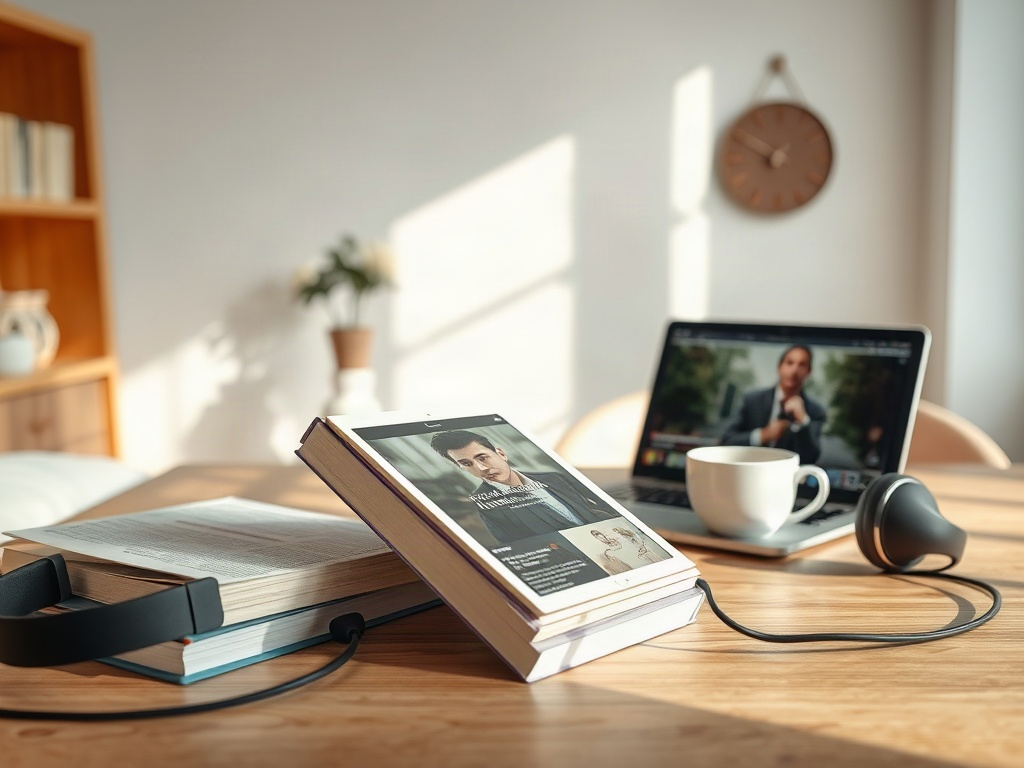 На столе лежат книги, планшет и ноутбук, рядом кружка с кофе и наушники. Светло и уютно.