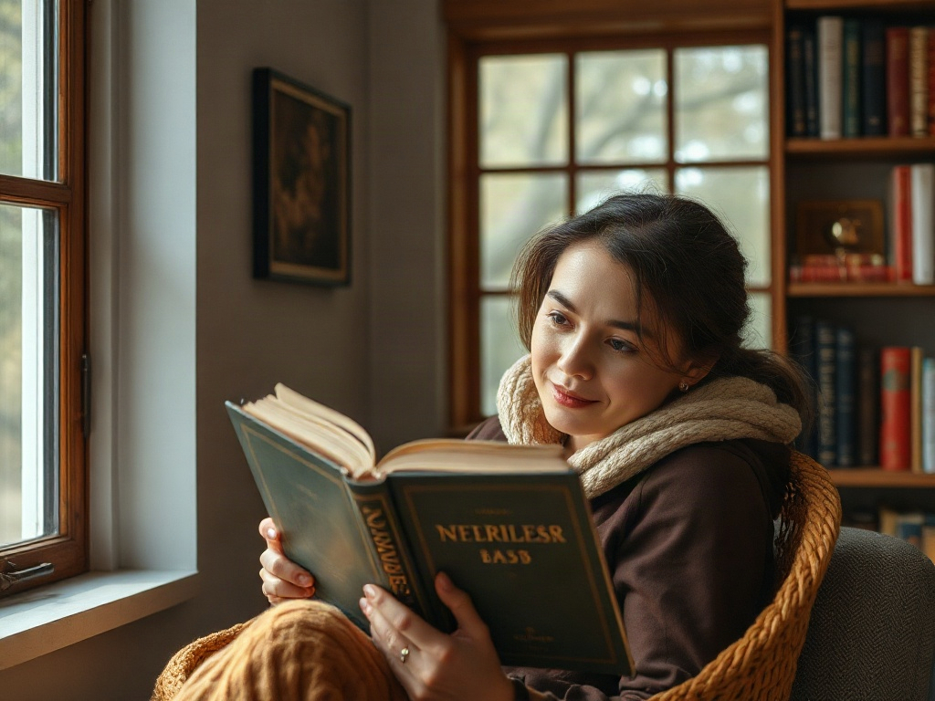 Женщина читает книгу в уютном уголке у окна, окружённая книгами на полках.