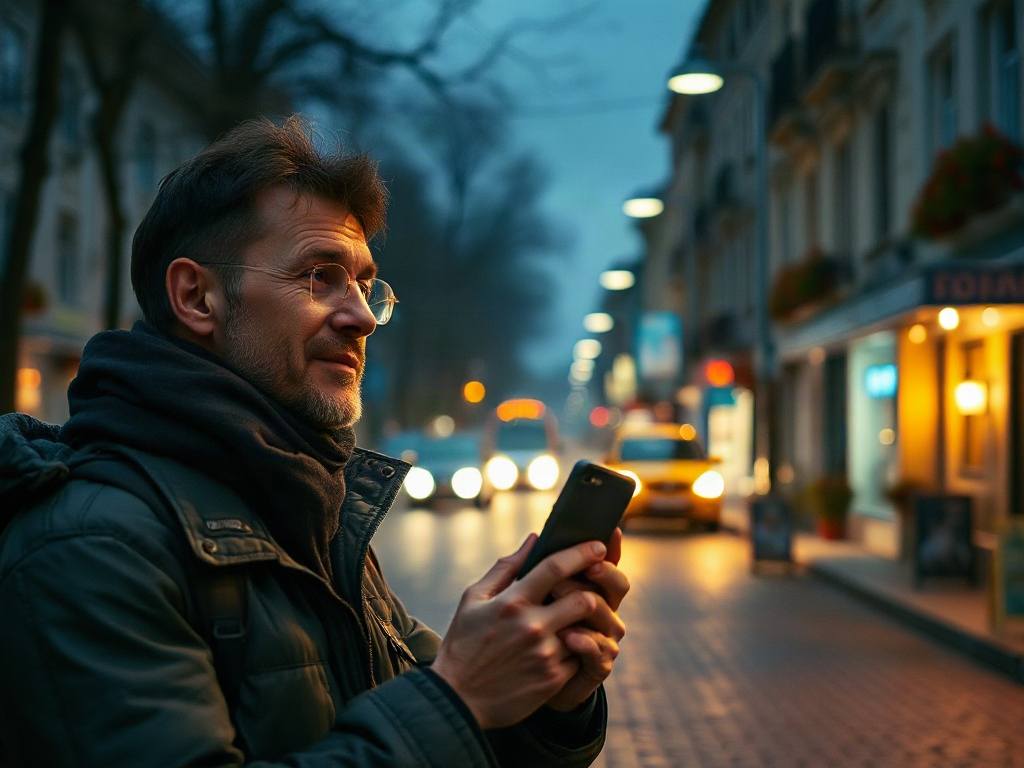 Мужчина на улице смотрит на смартфон, вечер, городская атмосфера, фонари и машины на дороге.
